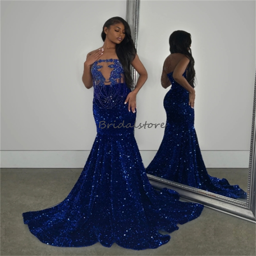 Bling Sequin Prom Dresses For Black Girls Evening Dress With Beaded Strapless Plus Size Mermaid Black Women Shine Formal Occasion Party Gowns 2024 Vestidos De Noite