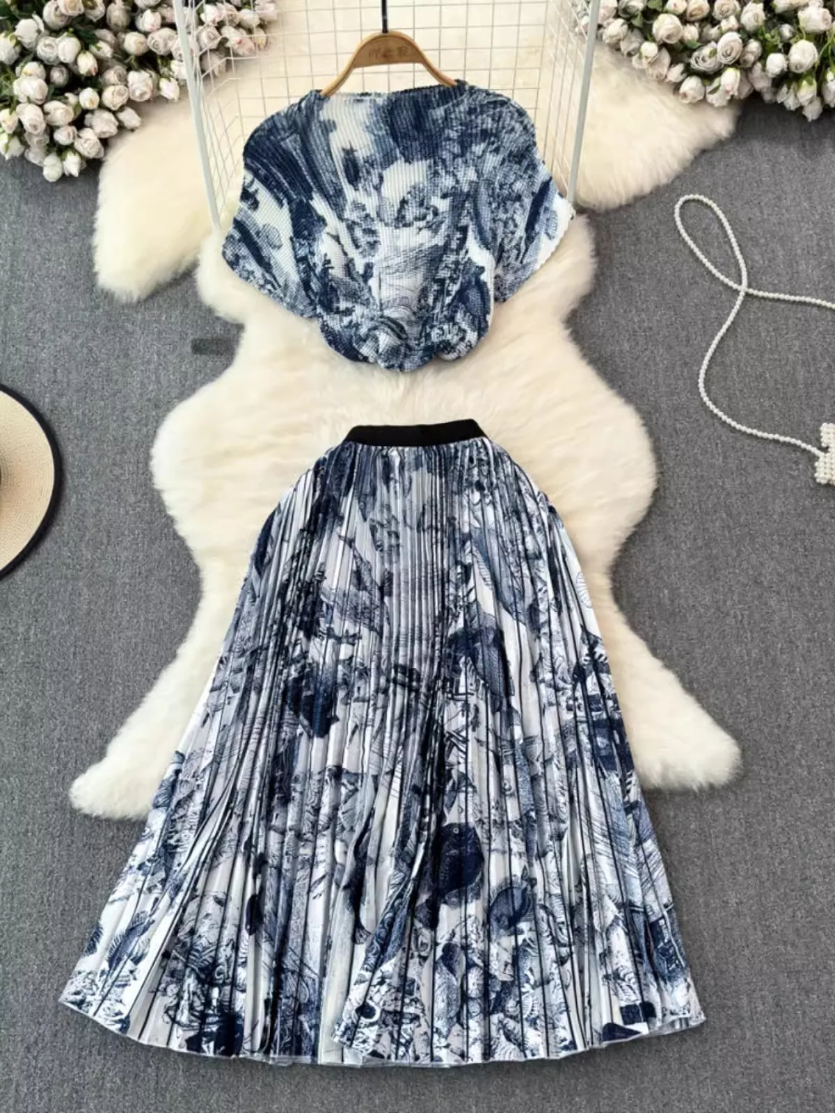 Two Piece Dress 2024 Summer Runway Skirt Suit Women's Turtleneck Vintage Print Stretched Tops High Waist A-Line Long Skirt Suit Female Outfits