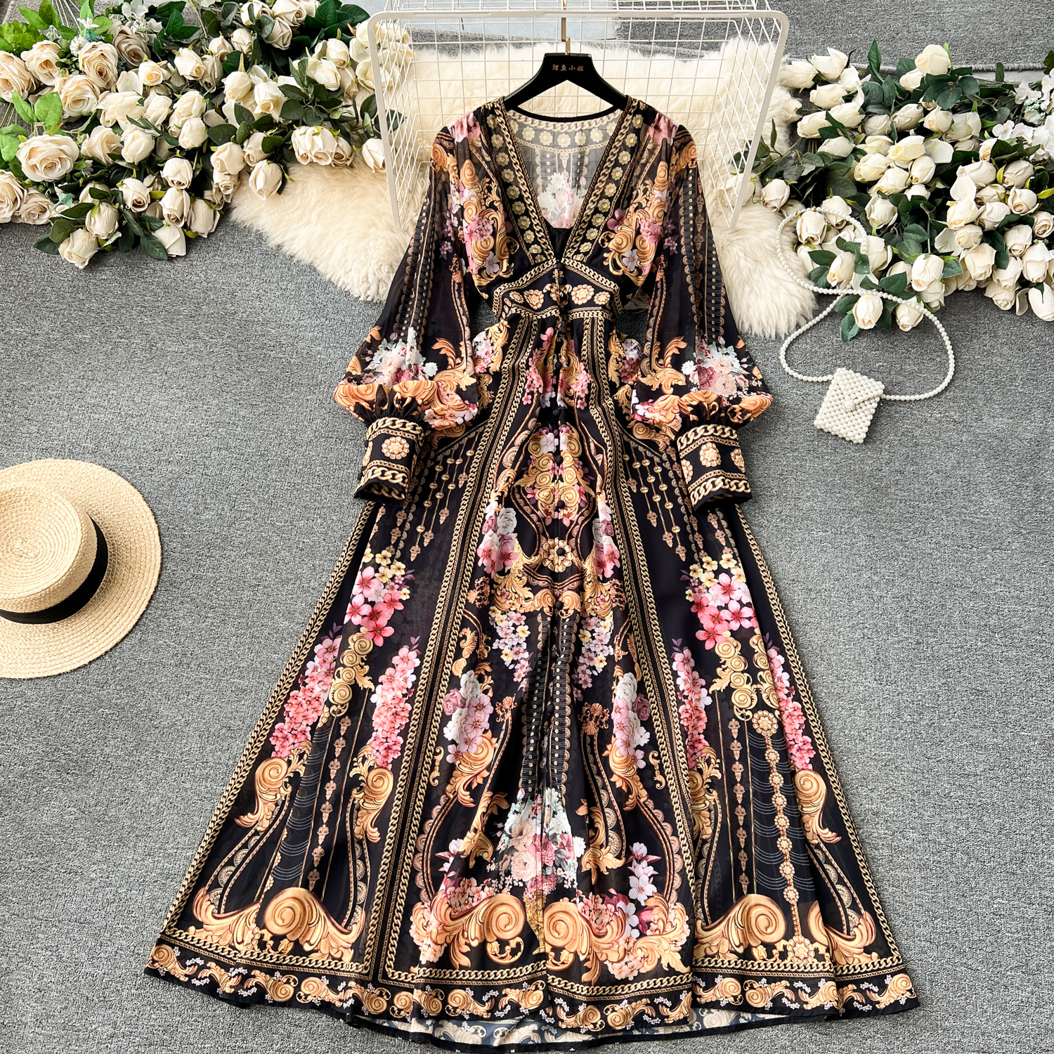 Grundläggande avslappnade klänningar 2024 Fashion Runway Green Red Flower Flowy Chiffon Lantern Dress Women Deep V Neck Long Sleeve Floral Print Boho Robe Vestido