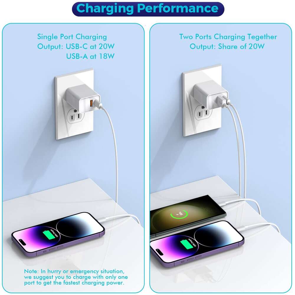 2er-Pack 20-W-Dual-Port-PD-USB-C-Wandladegerät-Adapter + USB-A-Schnellladestecker für iPhone