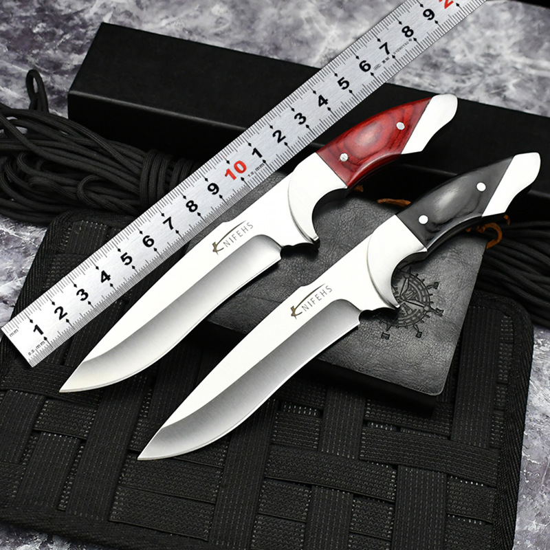 Couteau droit de haute qualité 440C lame manche en acier bois couteaux de chasse de survie de Camping en plein air avec gaine en cuir
