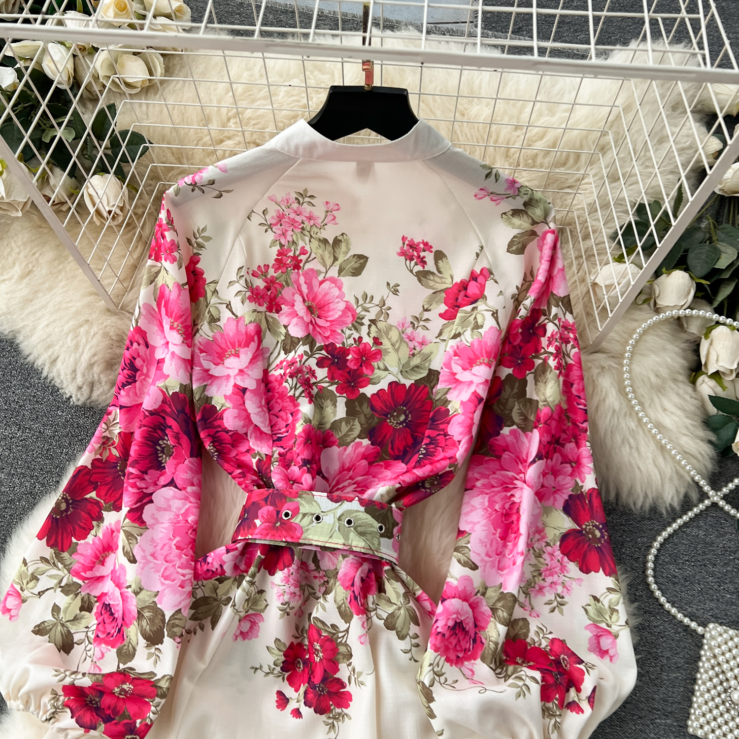 الفساتين غير الرسمية A-line Summer Summer Summant Gorty Floral Brugian Dress Spring Women Women Stand Long Lantern Sleeve Floral Print Belt Linen Long Vestidos Comples 2024