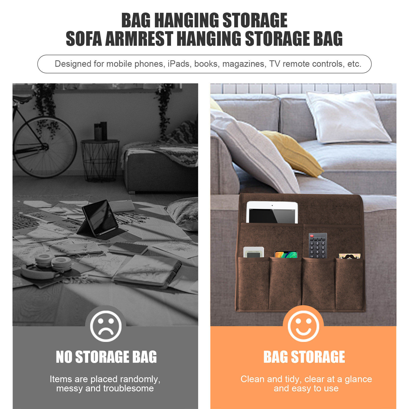 Sofa Armrest Organizer Magazine Remote Control Holder Storage Bag Armchair Couch Caddy Sofa Arm Tray Organizer Supplies