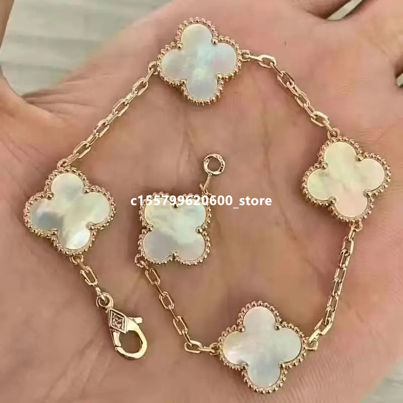 24 Luxury Designer Armband Four Leaf Gräs Hög Version Fem Flower Armband Lucky Flower Rose Gold Double Sided Full Diamond White Fritillaria Non Fading