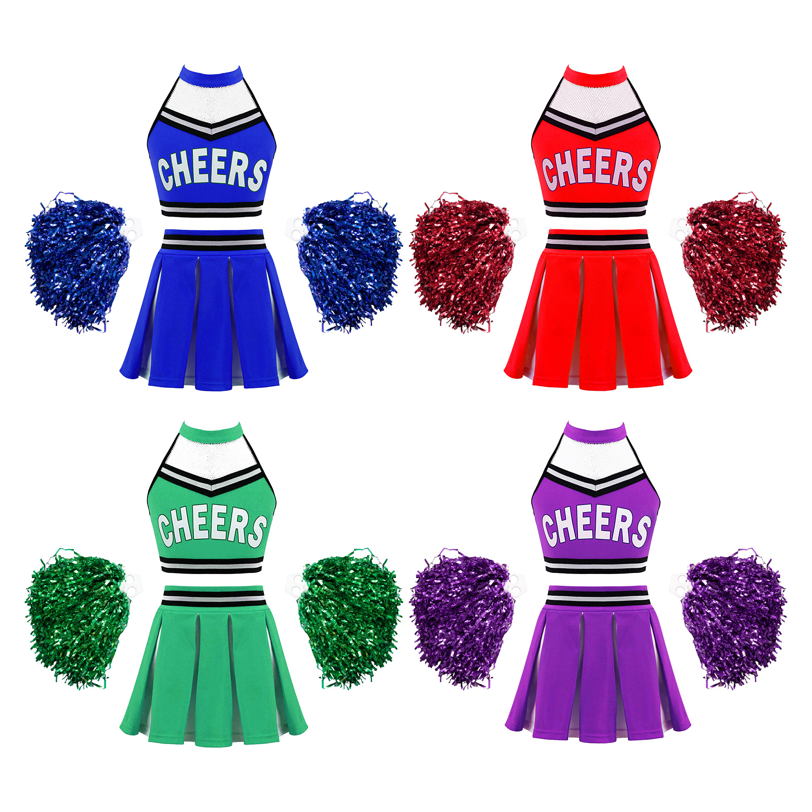 Kids Girls Cheerleader Uniforme Halter Neck Mesh Patchwork Lettres Crop Top imprimées avec une jupe plissée et des balles de fleurs de 