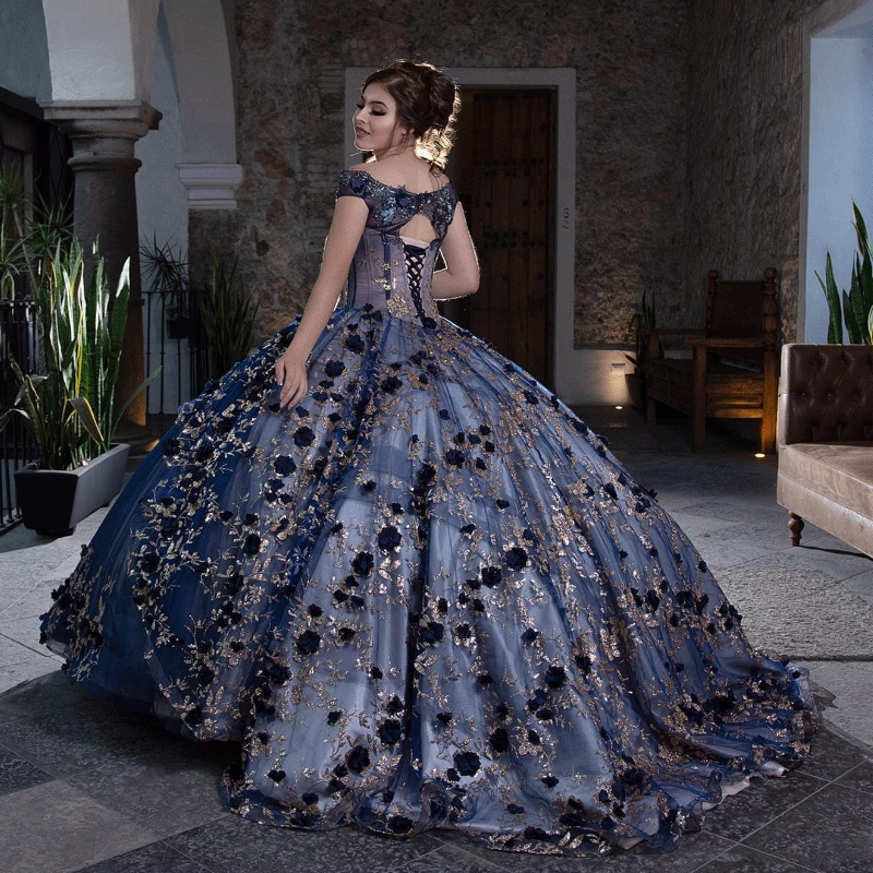 Abiti da ballo di lusso blu navy Abiti Quinceanera Shiny 3DFlowers Abito da sposa Abiti da sposa lunghi fino al pavimento Abiti 15 De Novia