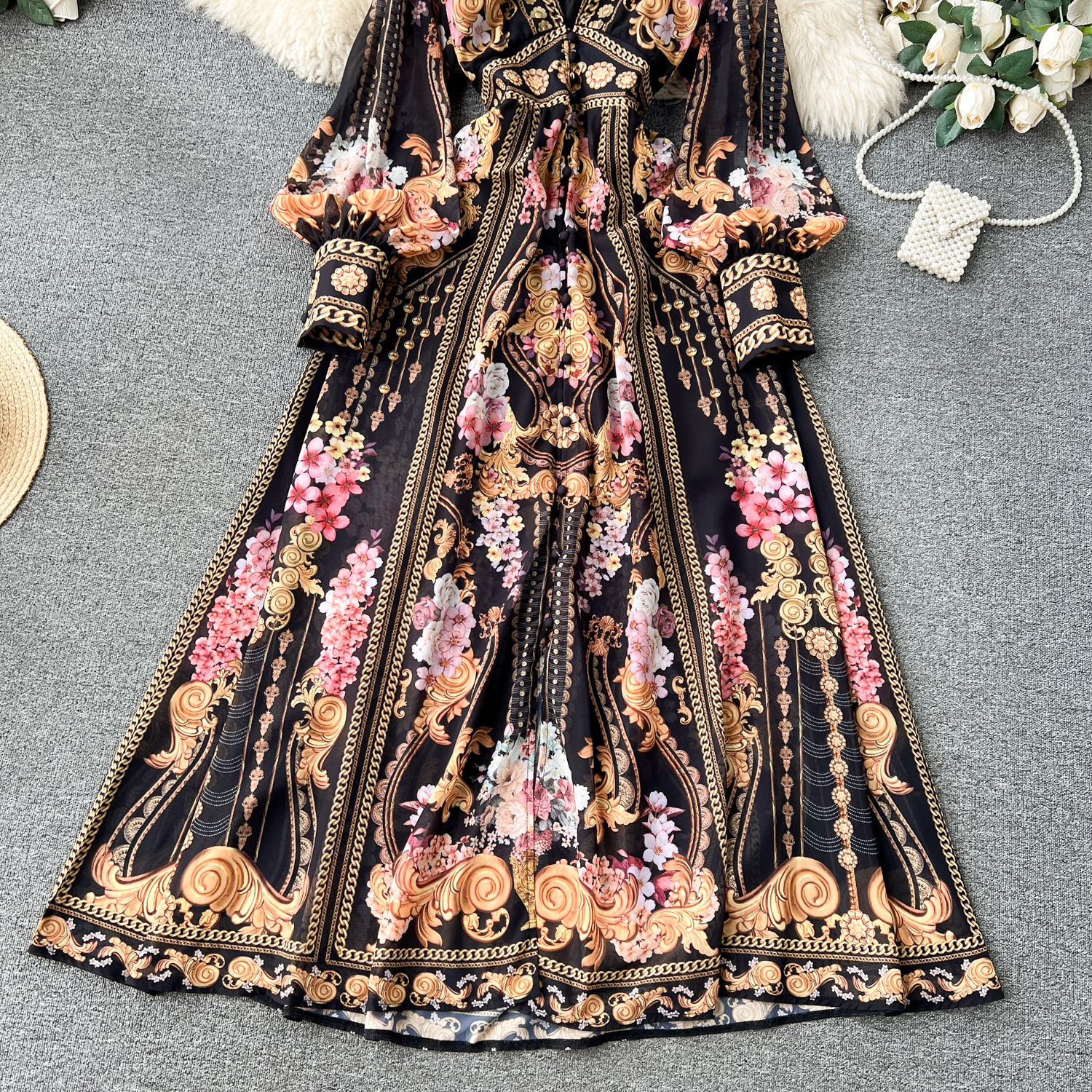 Grundläggande avslappnade klänningar 2024 Fashion Runway Green Red Flower Flowy Chiffon Lantern Dress Women Deep V Neck Long Sleeve Floral Print Boho Robe Vestido