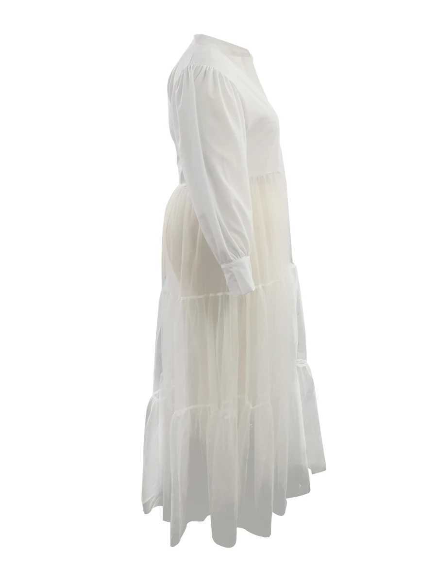 Grundläggande avslappnade klänningar LW Plus Size Womens Autumn/Winter Trendy Solid Spinning Neck Lantern Sleeve Patch Workwear Transparent White Ankle Length Dressl2405