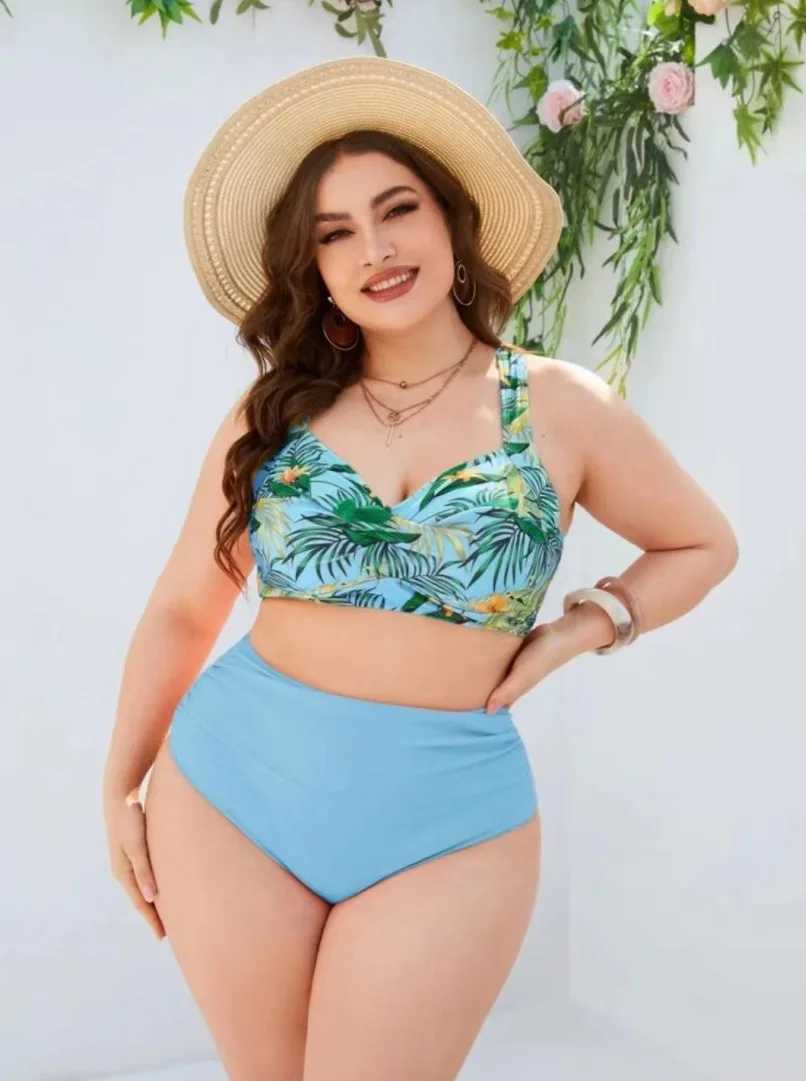 Ruffles de roupas de banho feminina impressão de roupas de banho plus size mulheres de duas peças push up swimshwearwear sexy de profundidade de tira de tira de tira 4xl