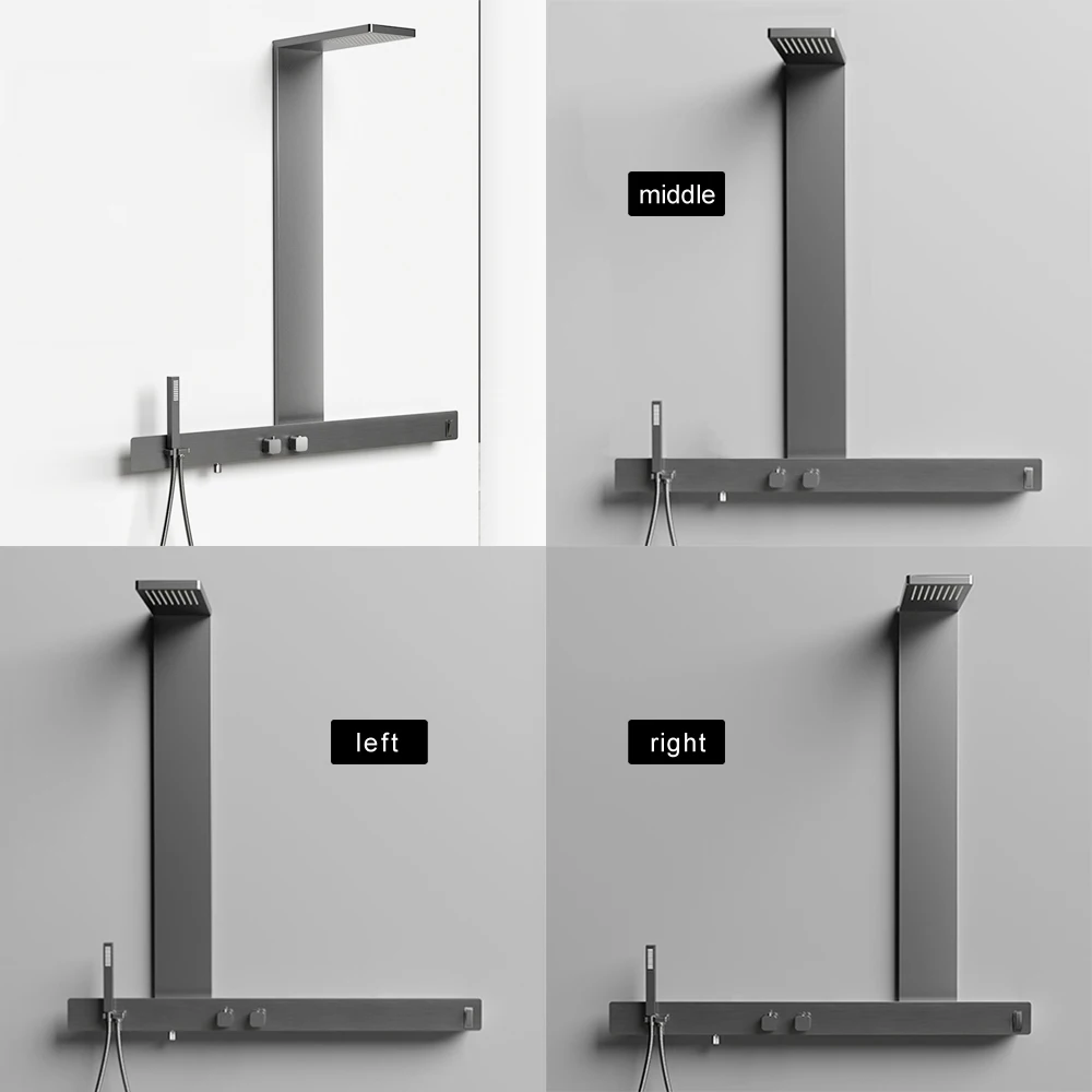 Super luxuriöser Speicher Rack Towel Bar mit Wand montiertes thermostatisches Duschsystem Integrieren Sie Panel Gun Grey Regen Duschkopf