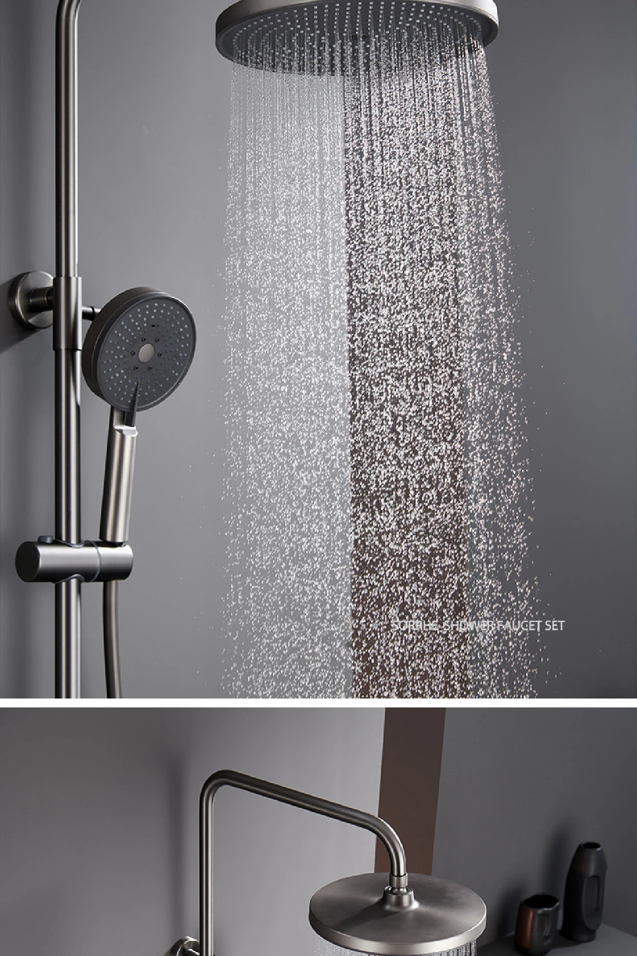 ブラシ付きグレーブラスバスルーム蛇口シンプルなデザイン滝のタイプの水面4機能シャワーシャワーシステム