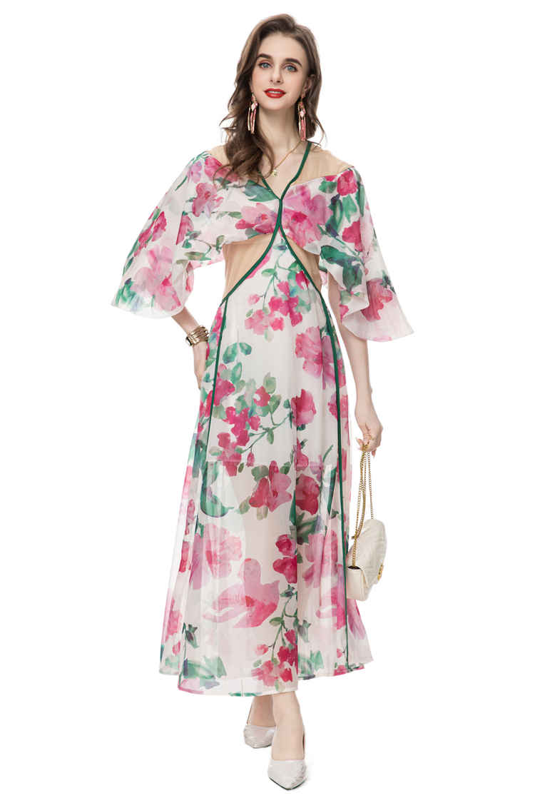 Runway -jurken voor dames sexy v nek 3/4 flare mouwen bloemen gedrukte taille high street mode casual vestidos