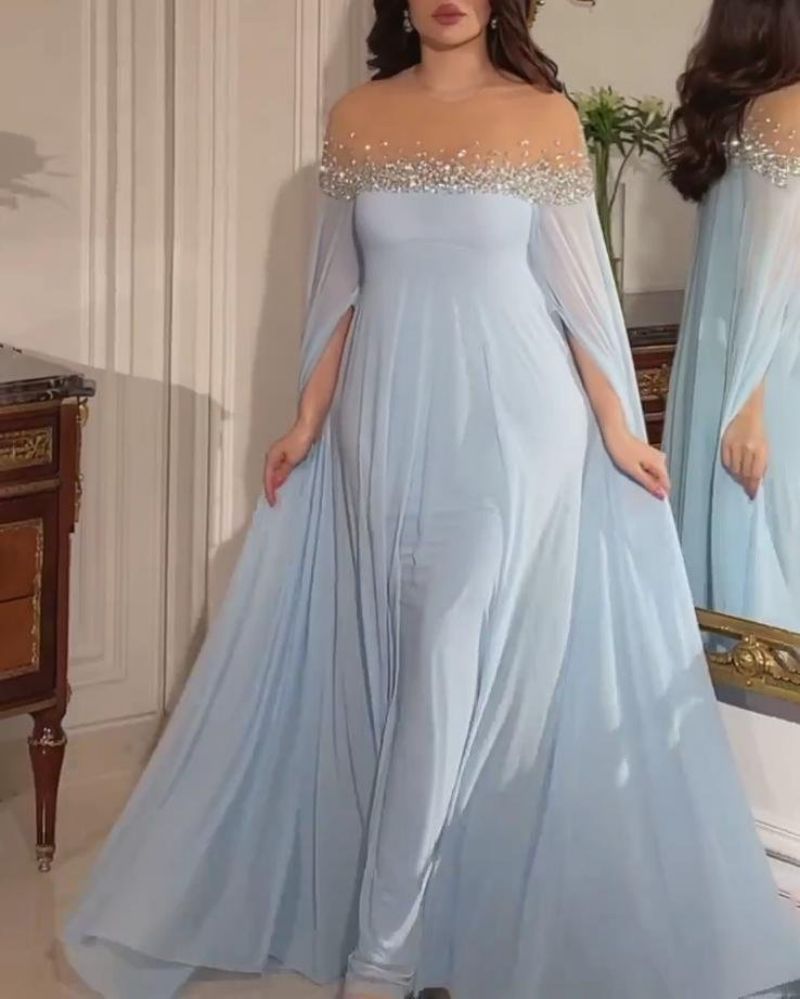 Elegantes Baby Blue Jewel Meerjungfrau Abendkleider formelle Prom Partykleider Kleider für besondere Anlässe Langarmes Abendkleid E501031