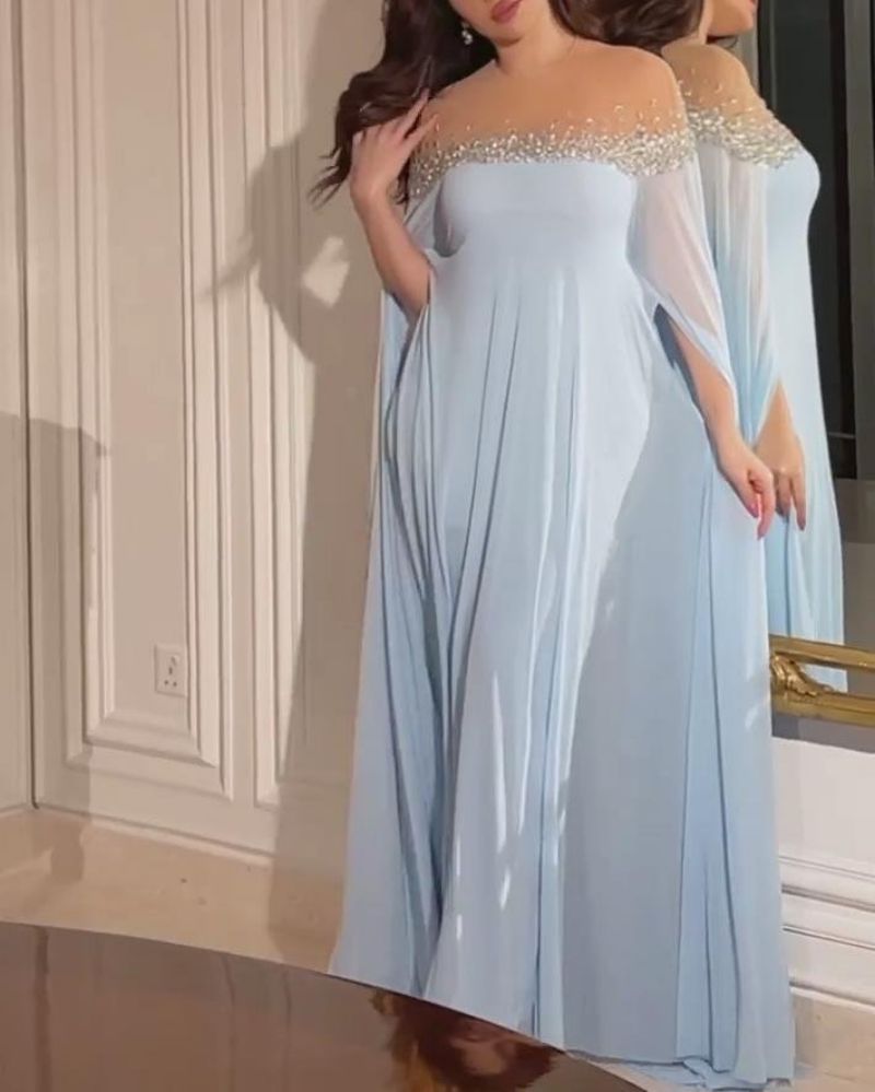 Elegantes Baby Blue Jewel Meerjungfrau Abendkleider formelle Prom Partykleider Kleider für besondere Anlässe Langarmes Abendkleid E501031