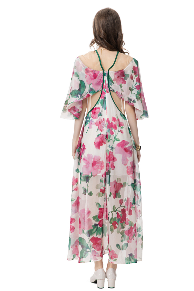 Runway -jurken voor dames sexy v nek 3/4 flare mouwen bloemen gedrukte taille high street mode casual vestidos
