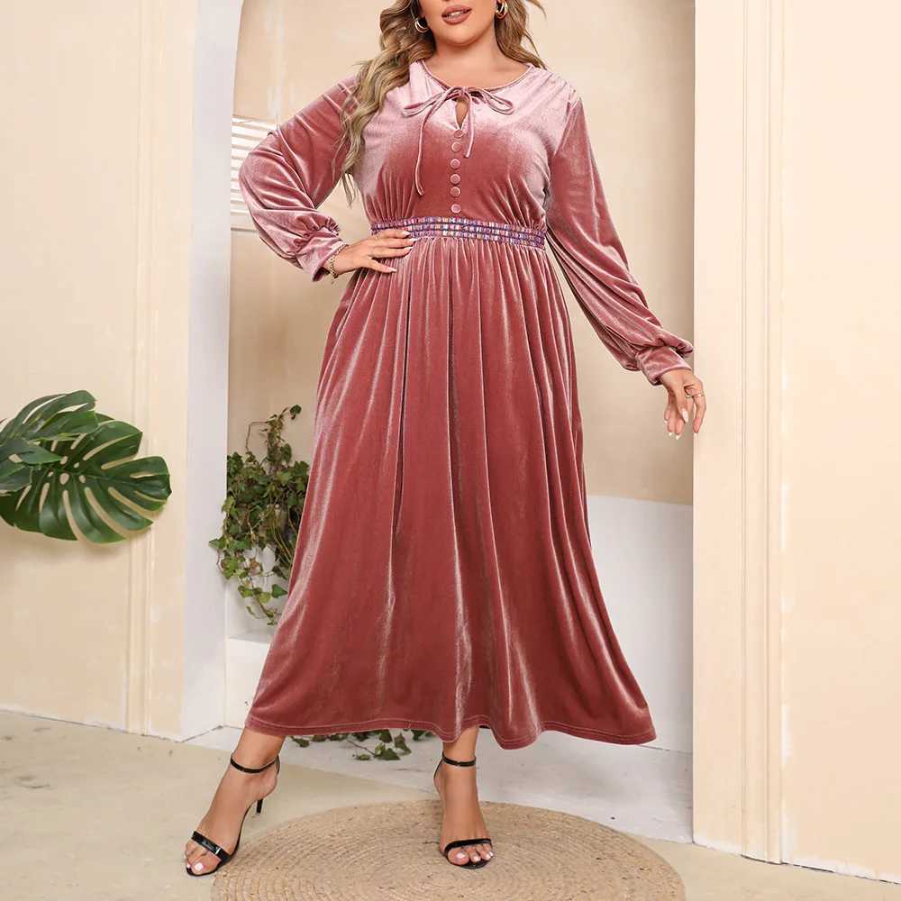 Basic lässige Kleider elegante Plus-Größe Velvet Long Kleid Krawatte Ausschnitt Damen Herbst und Winter High Taille A-Line gebogenes Kleid Retro Dressl2405