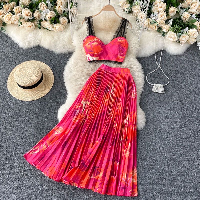 New Summer Beach Vacation Women Two Piece Dress Sets Sexy Strapless Fashion Dots Print Short Chiffon Shirt And High Waist Mermaid Long Skirt Set