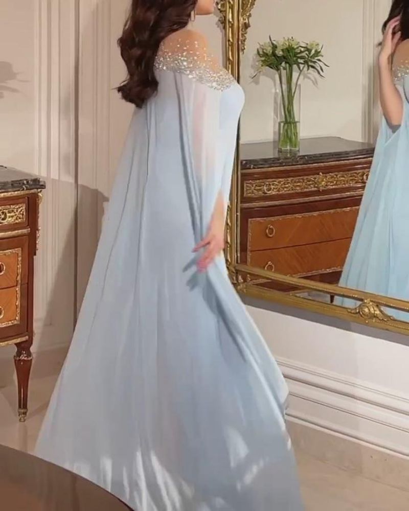 Elegantes Baby Blue Jewel Meerjungfrau Abendkleider formelle Prom Partykleider Kleider für besondere Anlässe Langarmes Abendkleid E501031