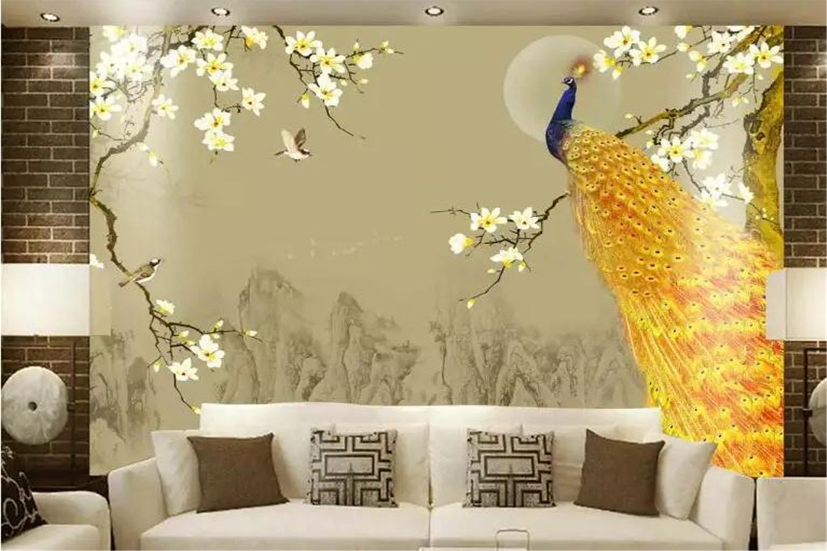 Décoration de maison grande maison Nouvelle style chinois peint à la main Magnolia Bird Landscape TV Background Wall Wall