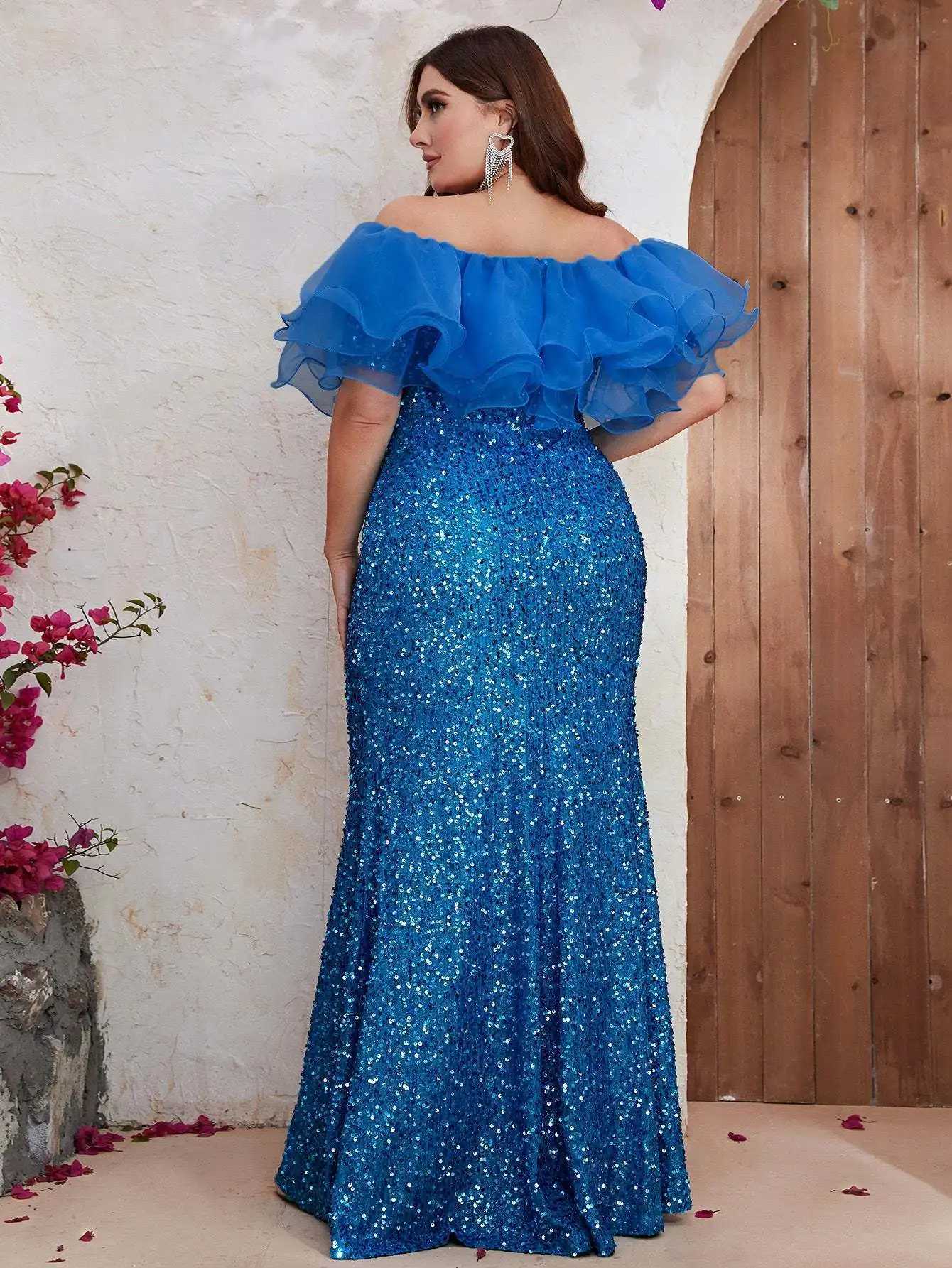 Basic Casual Dresses Plus size womens party dress new fashion strapless mesh splicing elegant sequin wedding dress plus size womens evening dressL2405