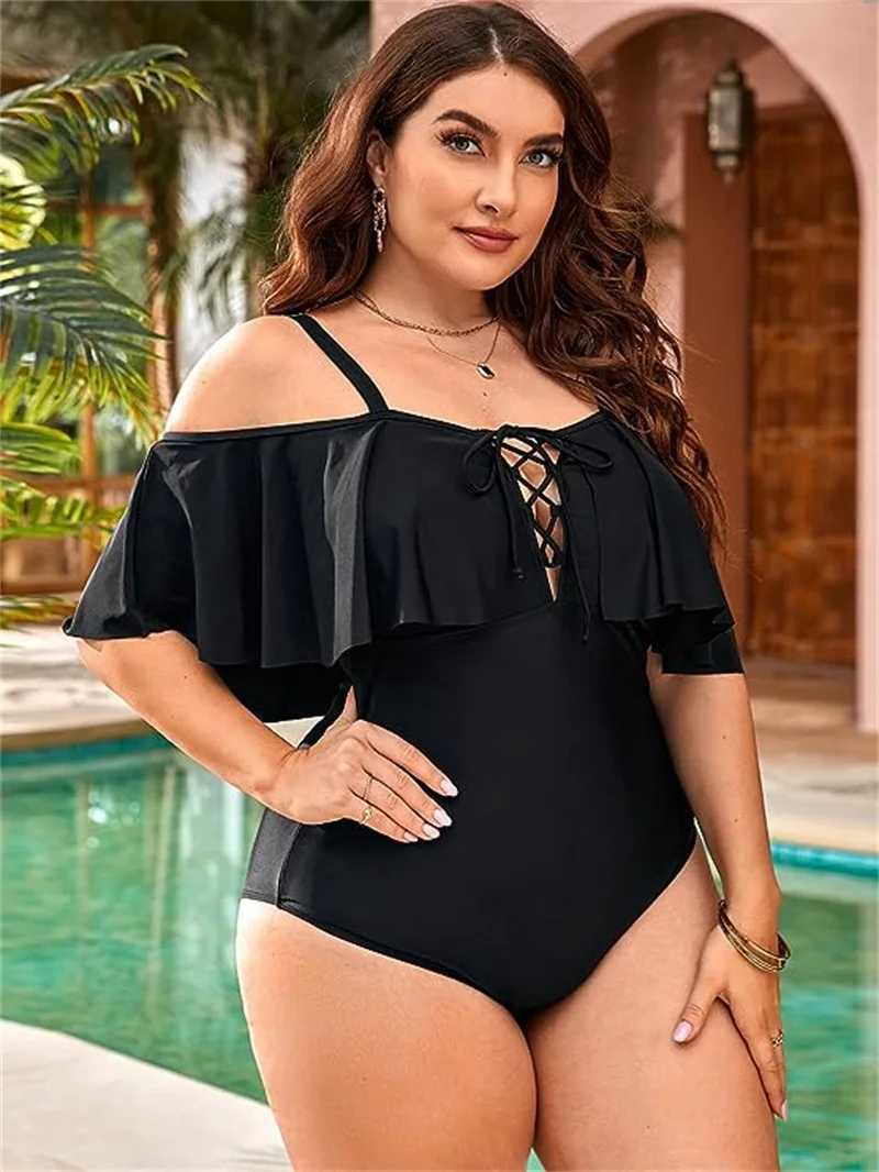 Moda de banho feminina 2024 plus size moda de banho de uma peça de um ombro sólido macacão de praia de praia sexy de babados sexy lace up alta cintura maiô 4xl