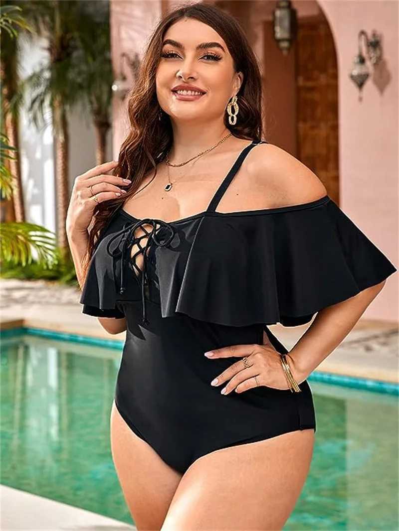 Swimwear Women 2024 Plus taille de maillot de bain Femme One-Pice One Solide Solid Sweetwear Sexy Ruffles Lace Up High Waist Bathing Fssction 4xl