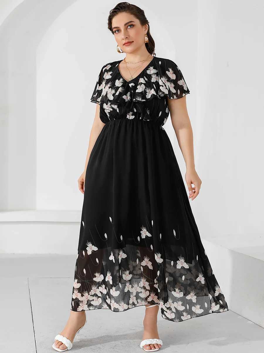 Basis Casual jurken plus size casual dames 2023 zomer gegolfde v-hals korte mouwen bloemen lange jurk zwarte chiffon bohemian strandjurk2405