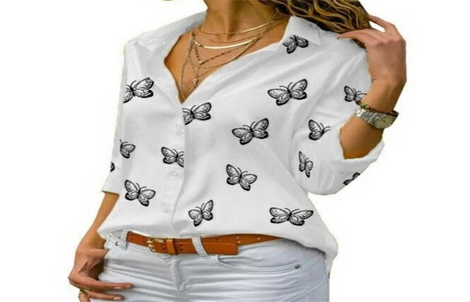 Kvinnors t-shirt kvinnor långärmad skjorta överdimensionerad vår och höst lös lapel plus size office womens casual fjäril tryck basicl2405