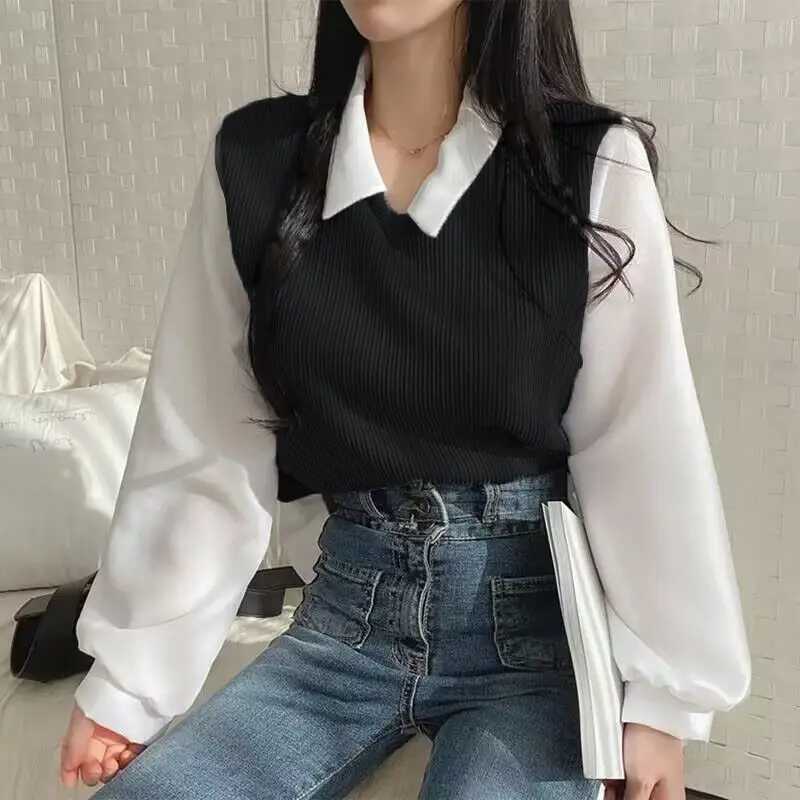 Koszulki bluzki damskiej Y2K Polo Flar Fake Dwuczęściowa koszula do damskiej Spring Spring Casual Korean Shirt Retro luźne wzorzyste top elegancka koszulka z długim rękawem