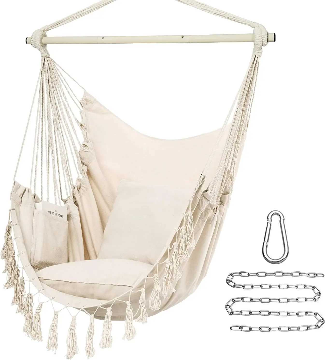 Hammocks Y- STOP Hammock Chair Hanging Rope Swing Max 500 Lbs 2 Cushions Included Large Macrame Hanging Chair with Pocket