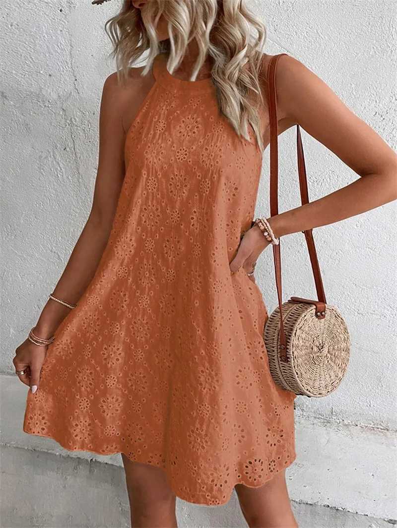 Vestidos casuais básicos verão novo estilo swt vestidos mulheres cor sólida cor de renda feminina casual penduramento back back back splice y240429