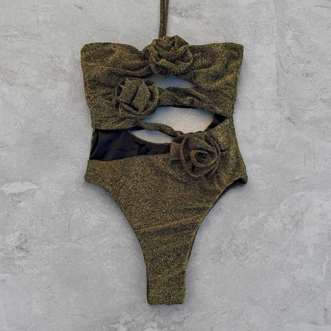 女性用水着2024新しいセクシーなワンピース水着を固体3D花ホルターストラップ水着女性の水着スーツビーチウェアホローモノキニ夏