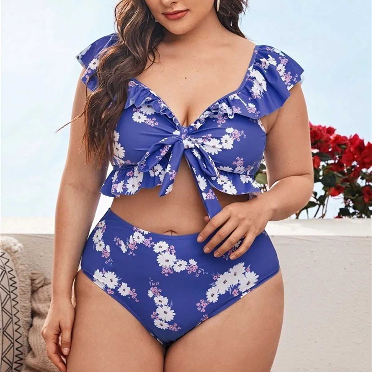 Ruffles de roupas de banho feminina impressão de roupas de banho plus size mulheres de duas peças push up swimshwearwear sexy de profundidade de tira de tira de tira 4xl