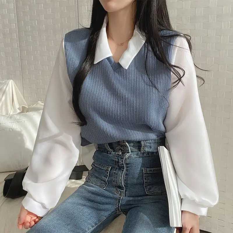 Koszulki bluzki damskiej Y2K Polo Flar Fake Dwuczęściowa koszula do damskiej Spring Spring Casual Korean Shirt Retro luźne wzorzyste top elegancka koszulka z długim rękawem