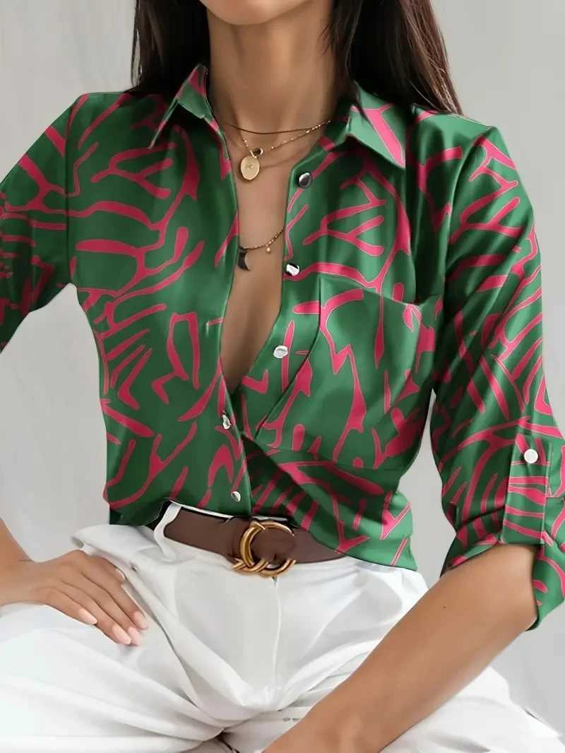Women's Polos Elegant Womens Shirt 2023 Spring/Summer Warm Top Long sleeved Stripe Printed Office Slim Fit Pocket ShirtL2405