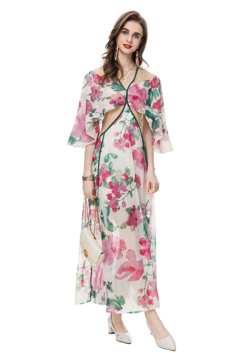 Runway -jurken voor dames sexy v nek 3/4 flare mouwen bloemen gedrukte taille high street mode casual vestidos