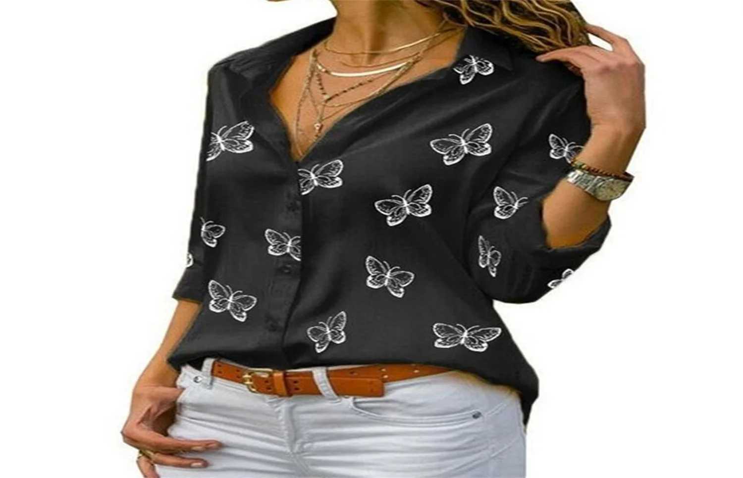 Kvinnors t-shirt kvinnor långärmad skjorta överdimensionerad vår och höst lös lapel plus size office womens casual fjäril tryck basicl2405