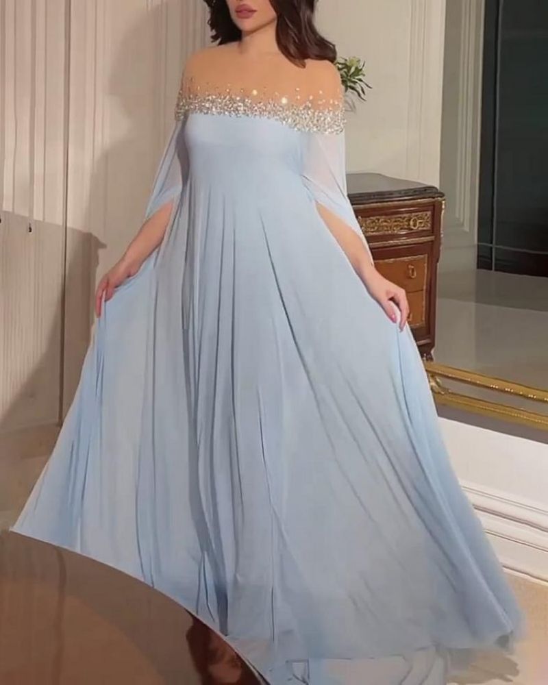Elegantes Baby Blue Jewel Meerjungfrau Abendkleider formelle Prom Partykleider Kleider für besondere Anlässe Langarmes Abendkleid E501031