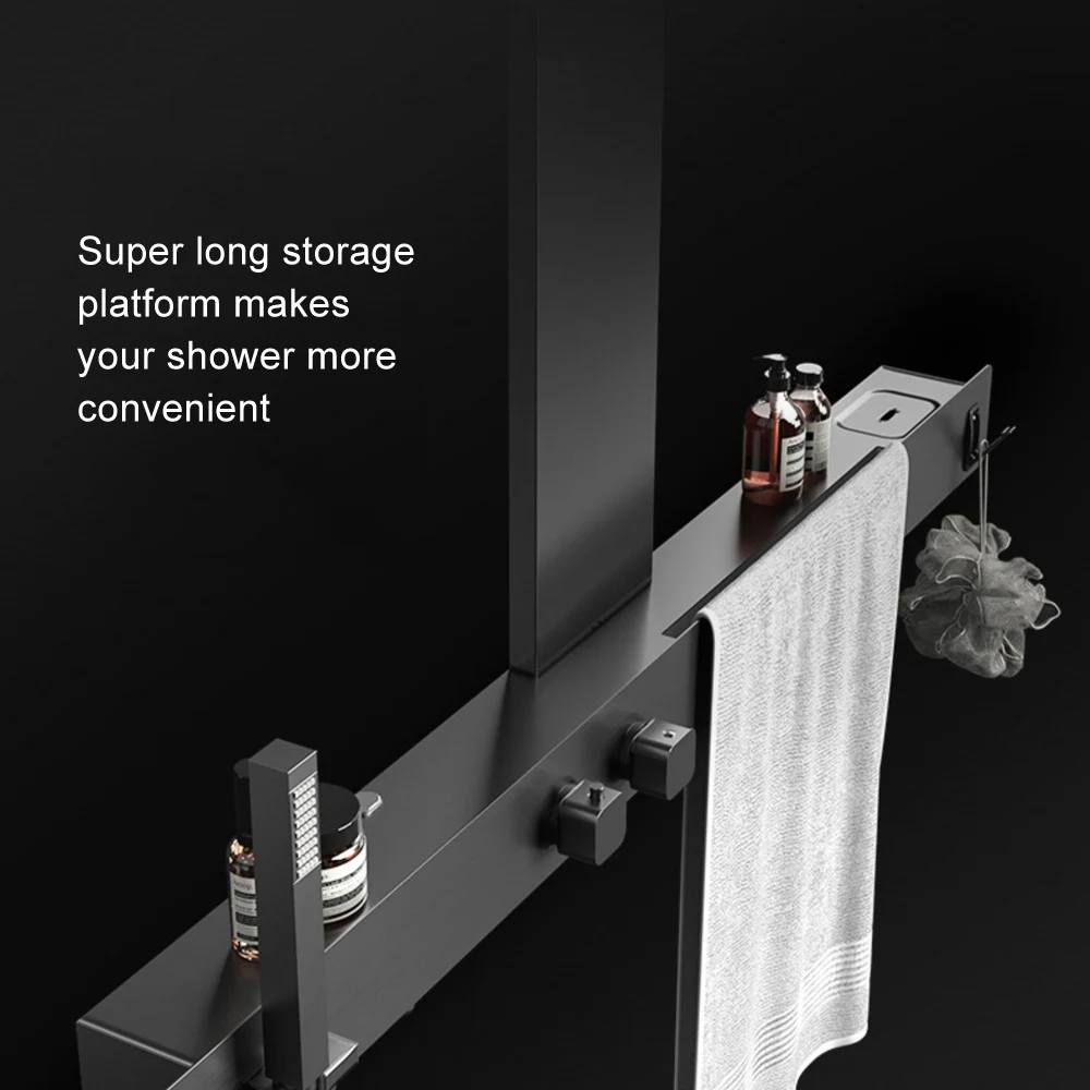 Super luxuriöser Speicher Rack Towel Bar mit Wand montiertes thermostatisches Duschsystem Integrieren Sie Panel Gun Grey Regen Duschkopf