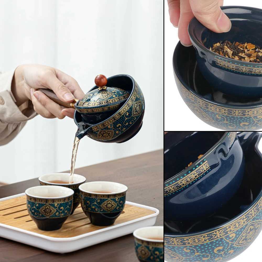 TeAware Setleri Çiçekler Enfes şekil seramik çay bardağı Puer 360 rotasyon Çay Makinesi ve İnfüzer Porselen Çin Gongfu Çay Seti