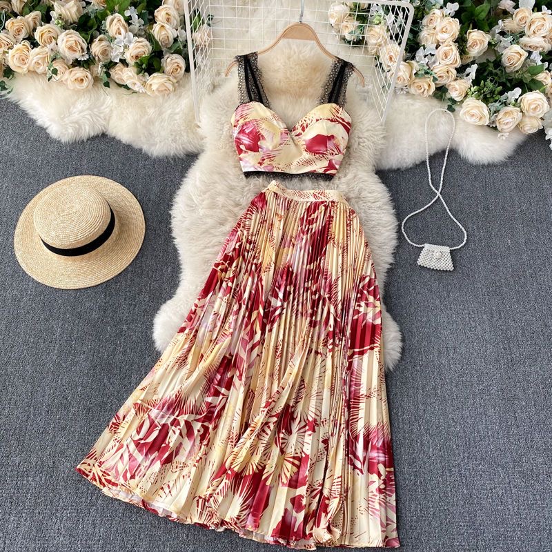 New Summer Beach Vacation Women Two Piece Dress Sets Sexy Strapless Fashion Dots Print Short Chiffon Shirt And High Waist Mermaid Long Skirt Set