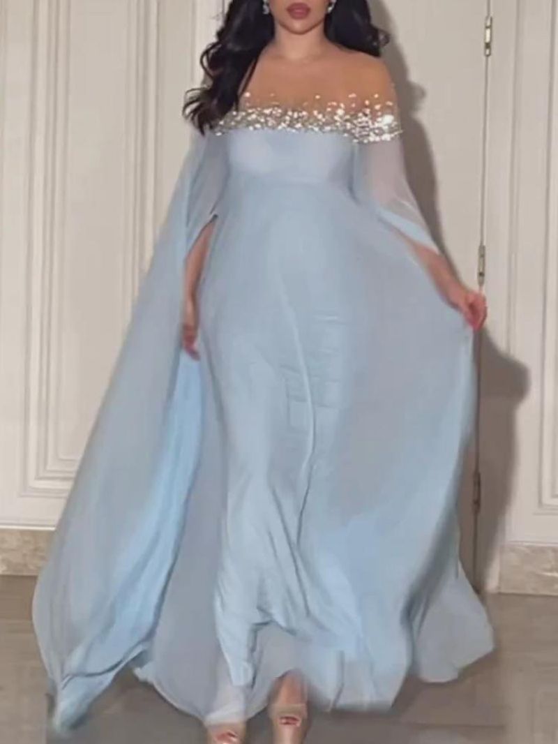 Elegantes Baby Blue Jewel Meerjungfrau Abendkleider formelle Prom Partykleider Kleider für besondere Anlässe Langarmes Abendkleid E501031