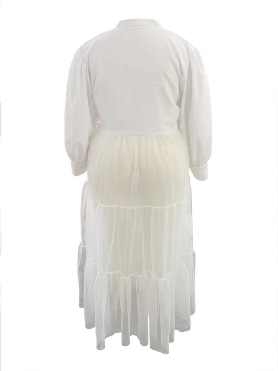 Grundläggande avslappnade klänningar LW Plus Size Womens Autumn/Winter Trendy Solid Spinning Neck Lantern Sleeve Patch Workwear Transparent White Ankle Length Dressl2405