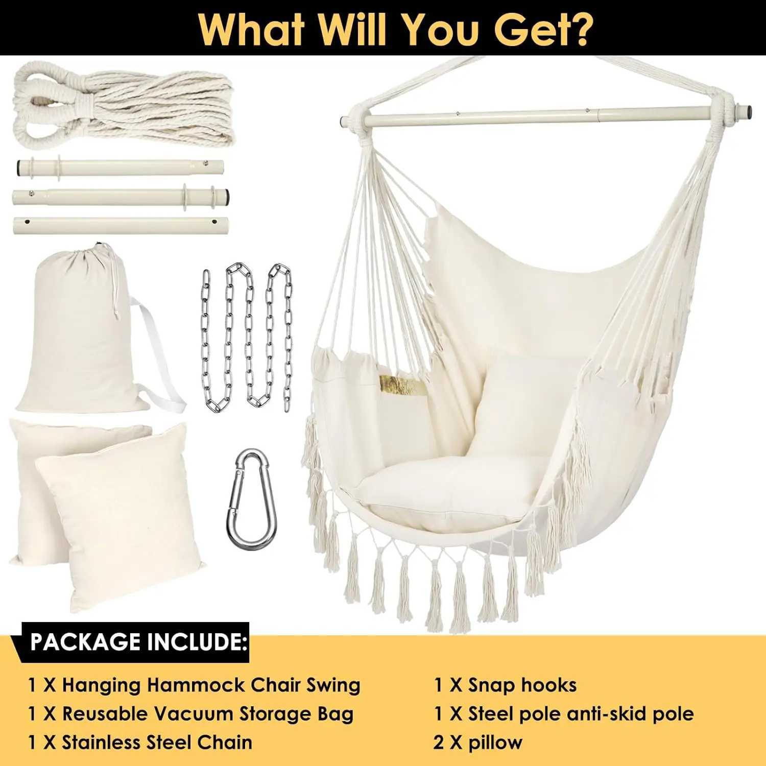 Hammocks Y- STOP Hammock Chair Hanging Rope Swing Max 500 Lbs 2 Cushions Included Large Macrame Hanging Chair with Pocket