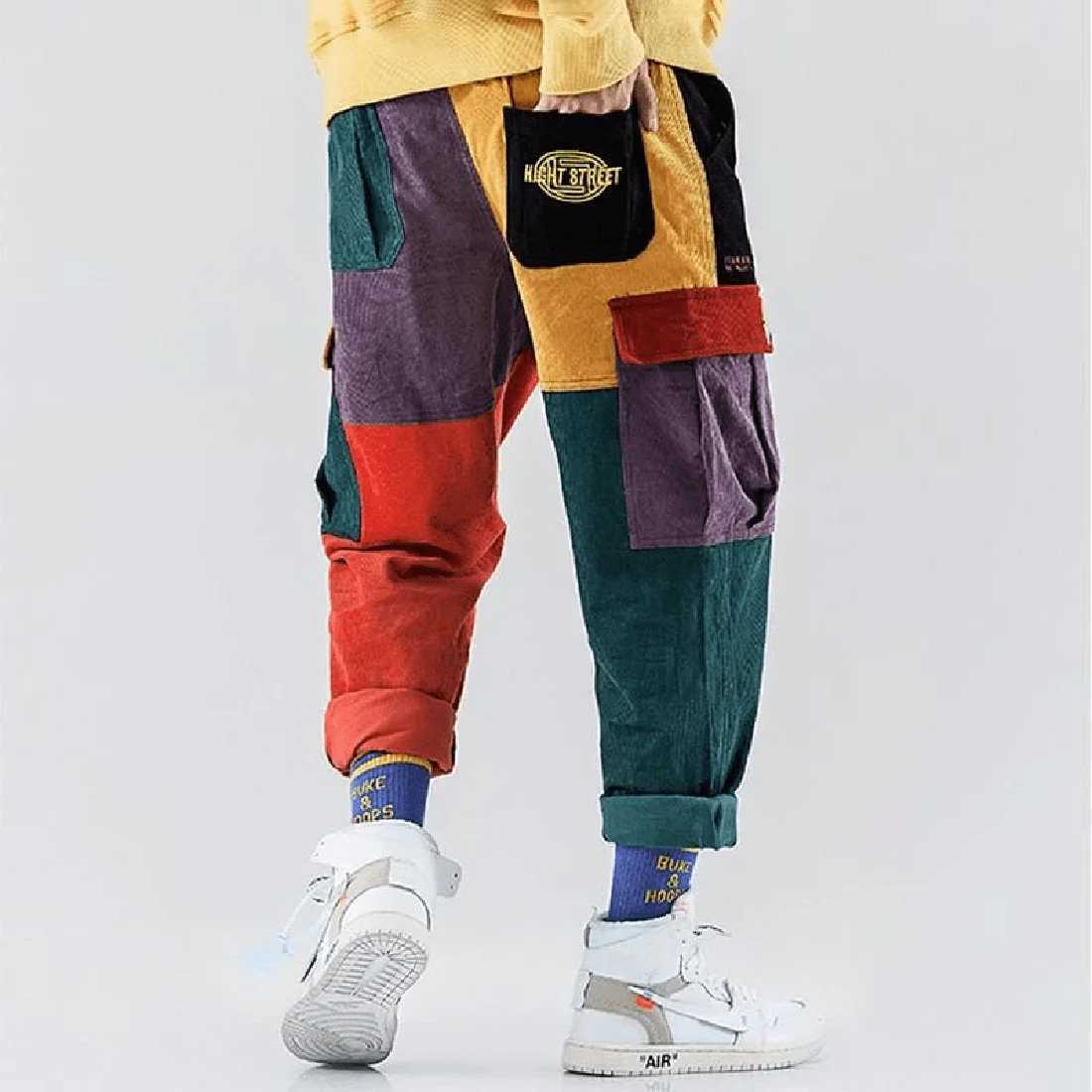 Herenbroek atsunset kleurrijke patchwork lading broek pocket casual straatkleding harajuku sportpantsl2405