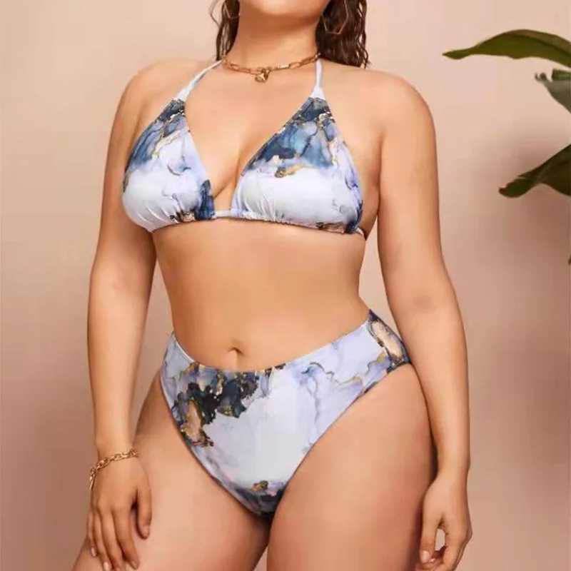 Swimwear féminin Plus taille licou lien bikini maillots de bain Femmes trois pièces set nager nager-dye imprime de bain biquini maillot de bain plage 4xl