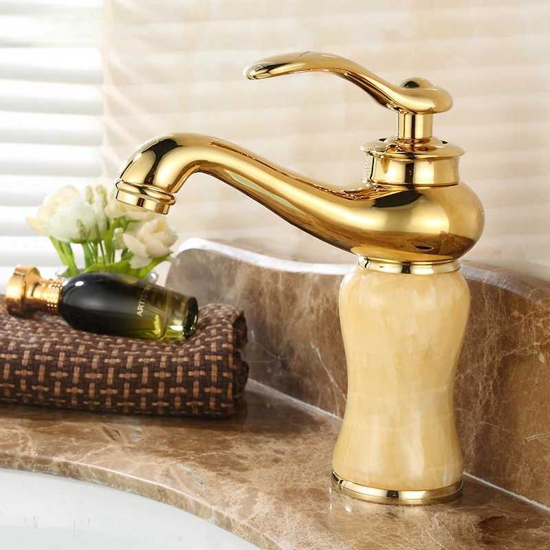 Torneiras de pia do banheiro Bacia de torneira europeia Bacia fria e quente Hot Jade Marble Basin Faucet All Copper Gold Washbasin Torneira