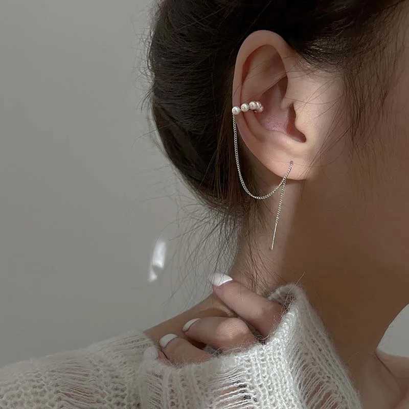 Charm Mode silberne Farbe Perlenohrknochen Clip für Frauen Vintage Metall Langer Quastenketten -Ohrclip auf Ohrringen Schmuck Geschenk