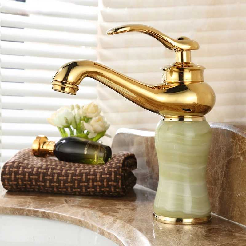 Torneiras de pia do banheiro Bacia de torneira europeia Bacia fria e quente Hot Jade Marble Basin Faucet All Copper Gold Washbasin Torneira