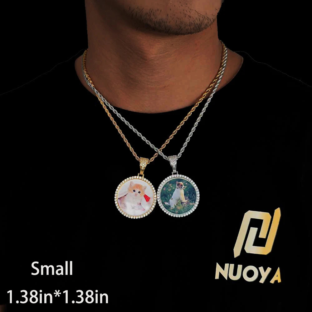 Hip Hop Jewelry Bling CZ Memorial Picture Frames Necklace Personalization Po Custom 26/35/45/68.5MM Circle Medallions Pendant 240422
